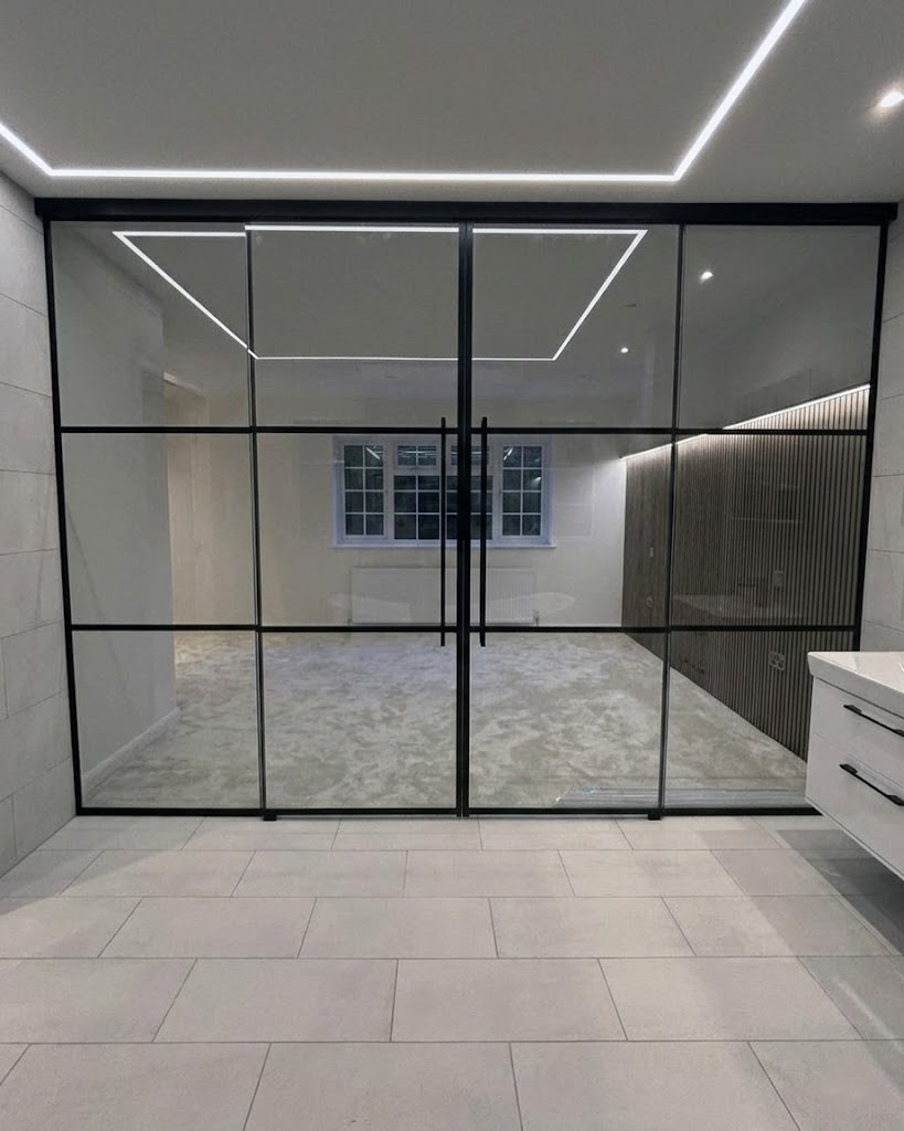 Glass wall partition sliding door detail Texas Glass Door