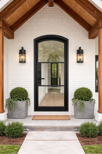 Iron single French door arch top 3-lite glass panels Texas