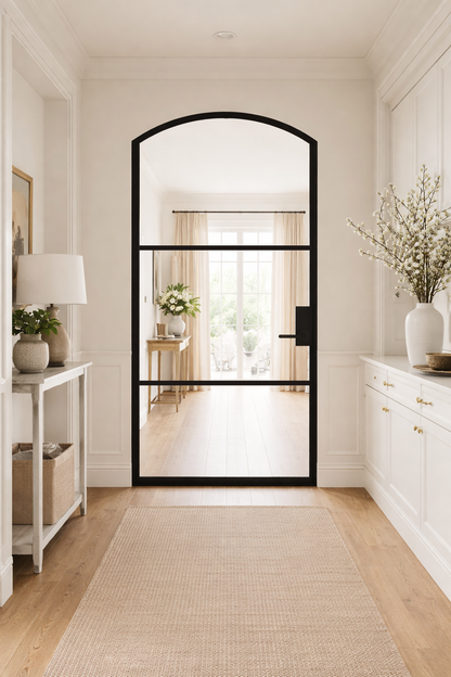 Iron single French door arch 3-lite detail Texas Glass Door
