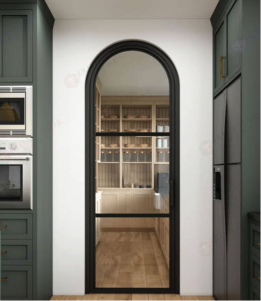 Iron single French door round 3-lite detail black steel Texas