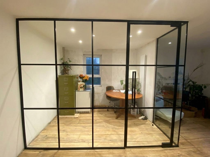 Glass wall partition single door steel frame detail Texas