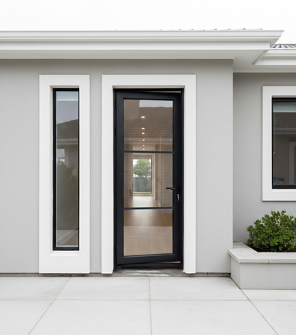 Aluminum single door square top 3-lite glass detail Texas