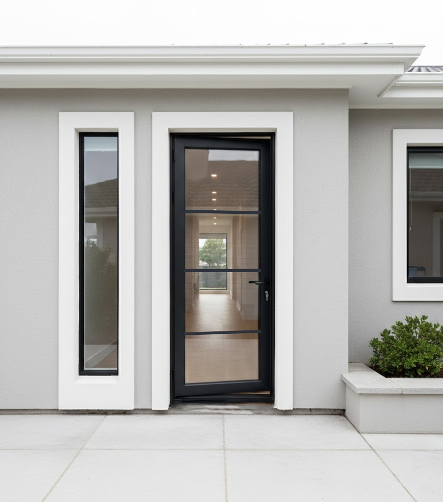 Aluminum single door square top 4-lite glass detail Texas