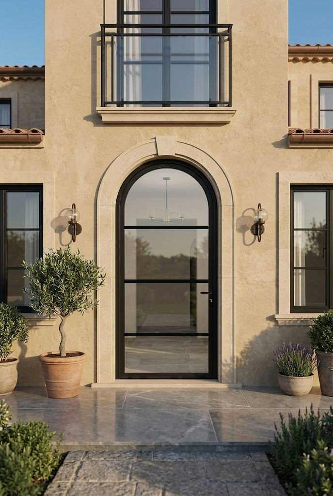 Aluminum single door round top 4-lite detail Texas Glass Door