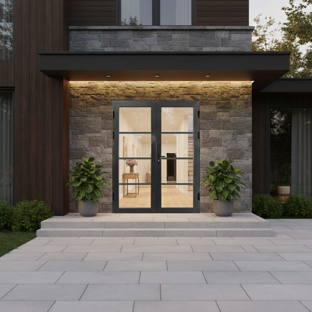 Aluminum double door square top 4-lite detail Texas Glass Door