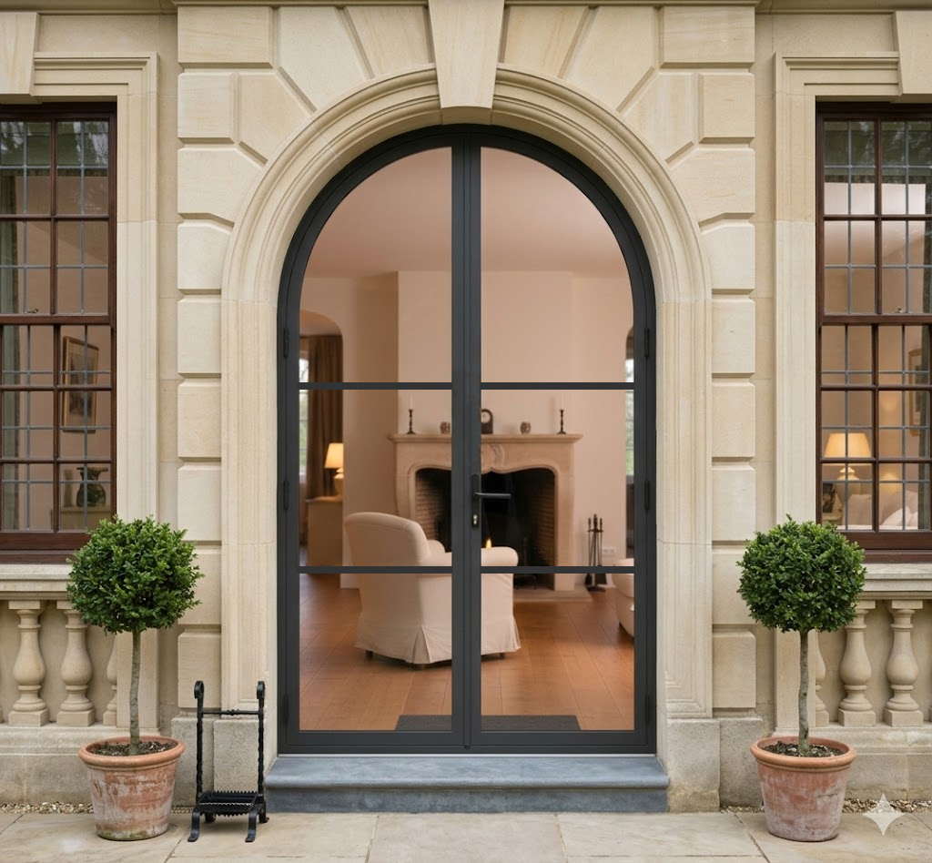 Aluminum double door round top 3-lite detail Texas Glass Door