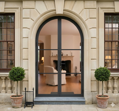Aluminum double door round top 3-lite detail Texas Glass Door