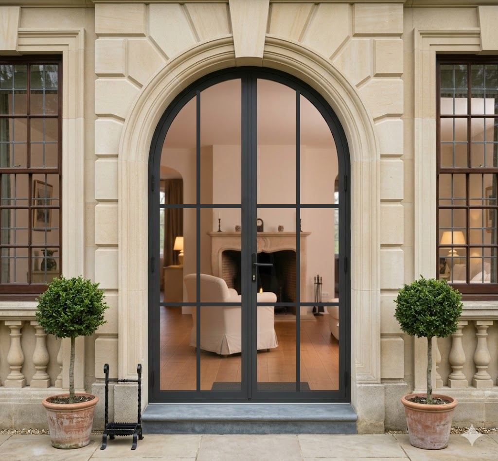 Aluminum double door round top 6-lite ornate Texas Glass Door
