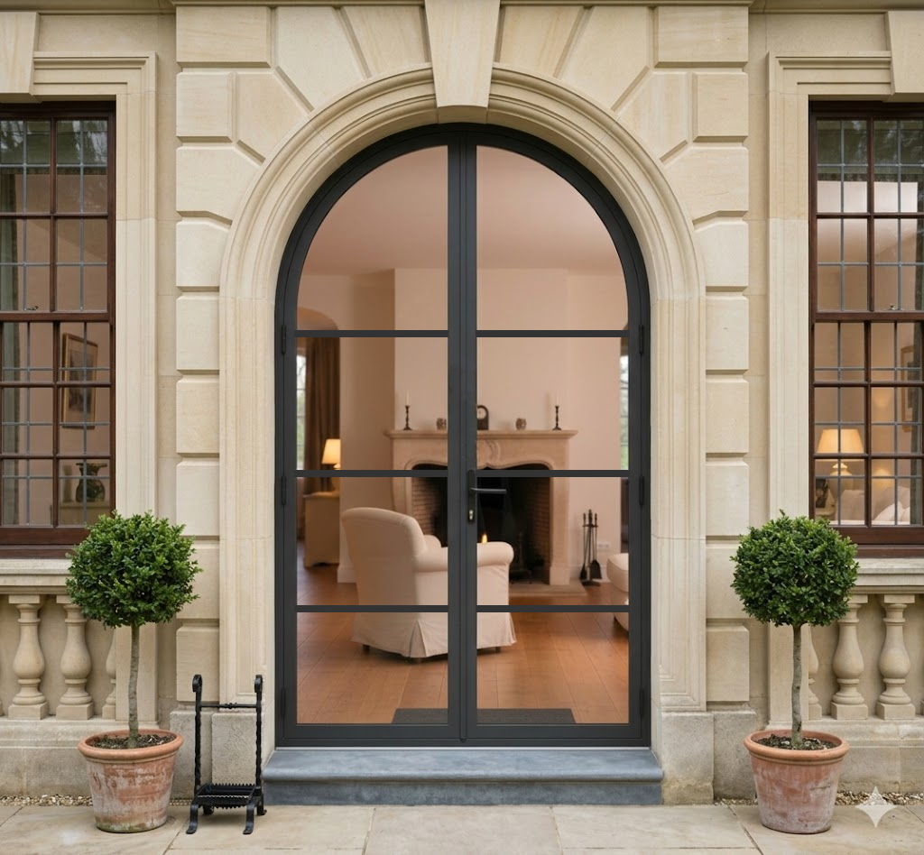 Aluminum double door round top 4-lite detail Texas Glass Door