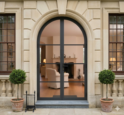 Aluminum double door round top 4-lite detail Texas Glass Door