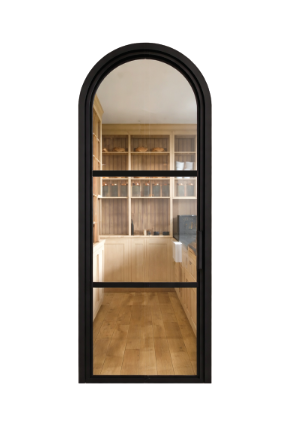 Custom iron single door round top 3-lite glass Texas Glass Door