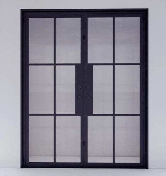 Iron Double Exterior Door  Square Top Clear Glass Low-E 6-Lite RIGHT HANDLE INSWING