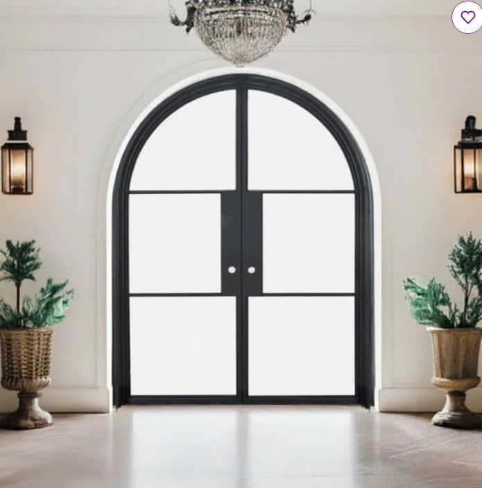 Double French Iron Door- Round Top- Outswing Left Handle- Frosted Glass- 60*80-72*81-72*96