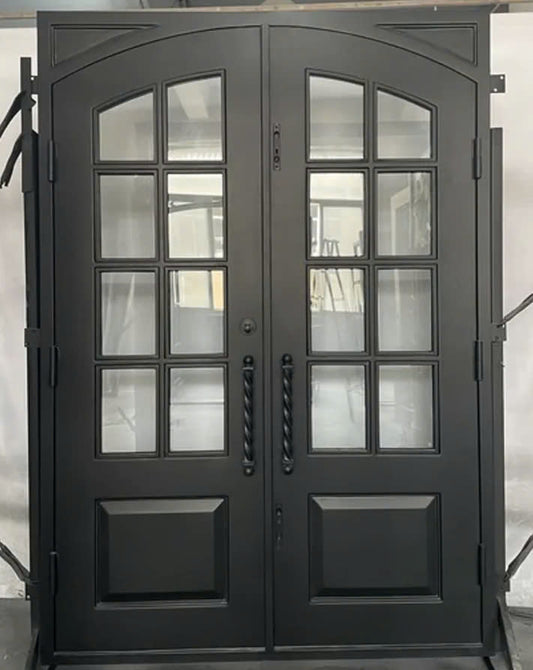 Double French Iron Door- Square Top Round Inside- Inswing Right Handle-Clear Glass- 60*80-72*81-72*96