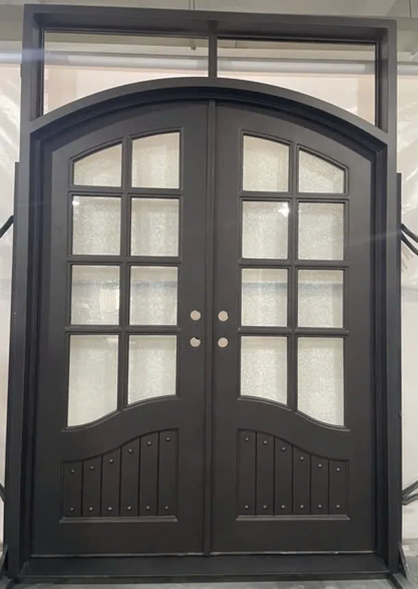 Double French Iron Door- Square Top  Arched Inside- Inswing Right Handle-Frosted Glass- 60*80-72*81-72*96