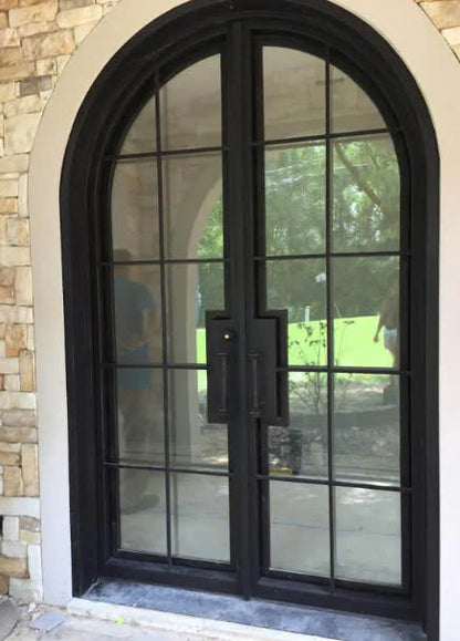 Double French Iron Door -Round Top- Inswing Left Handle- Frosted Glass- 60*80-72*81-72*96