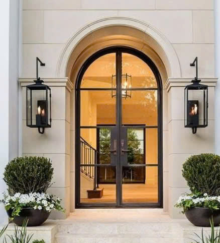 Double French Iron Door -Round Top- Inswing Left Handle- Frosted Glass- 60*80-72*81-72*96