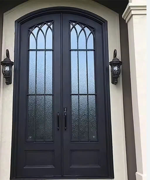 Double French Iron Door- Arch Top- Outswing Left Handle- Frosted Glass- 60*80-72*81-72*96