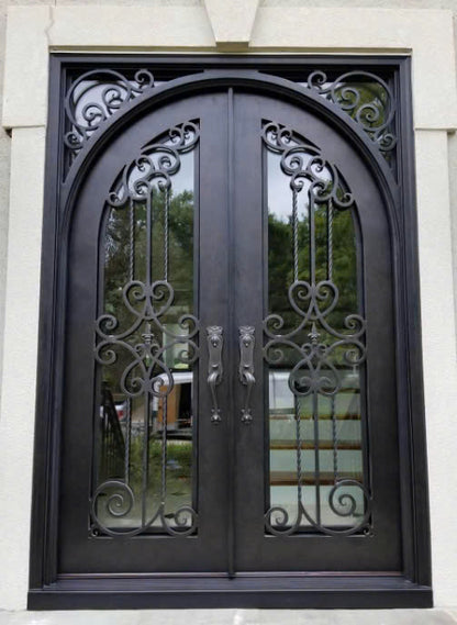 Double French Iron Door- Square Top  Arched- Inside Outswing Right Handle-Frosted Glass- 60*80-72*81-72*96