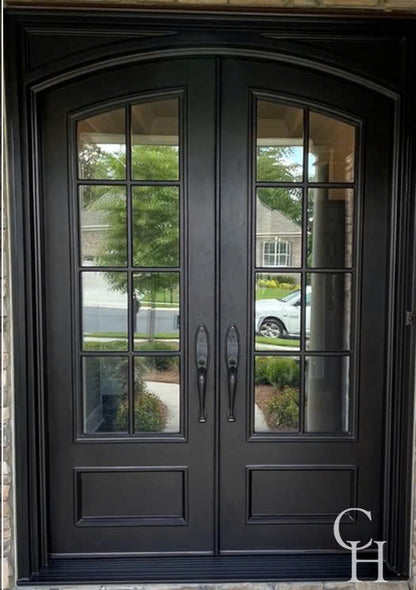 Double French Iron Door- Square Top  Arched Inside- Outswing Left Handle-Frosted Glass- 60*80-72*81-72*96