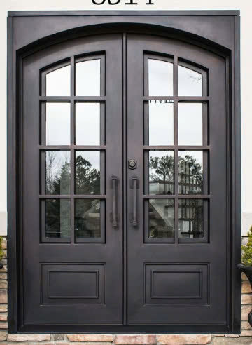 Double French Iron Door- Square Top  Arched Inside- Outswing Left Handle-Frosted Glass- 60*80-72*81-72*96